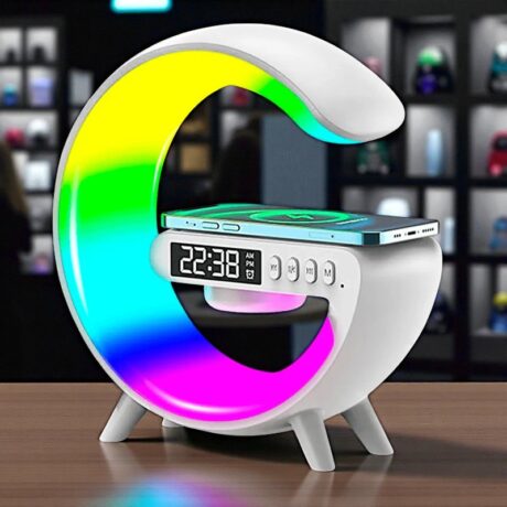 Parlante LED con luz ambiental  reloj y carga inalámbrica